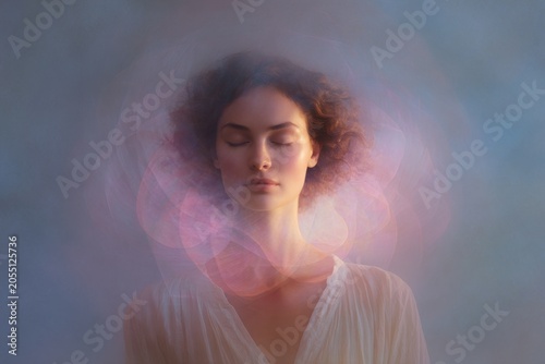 Meditative woman with luminous aura layers and soft pastel light for breathwork therapy poster or wellness background