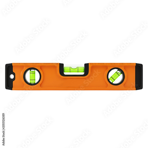 Orange spirit level tool with green bubble vials for accurate measurements isolated on a solid Transparent background.