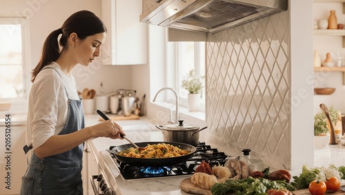 Young Woman Cooking a Delicious Meal in a Bright, Modern Kitchen.