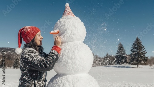 Woman Building a Snowman on a Sunny Winter Day.