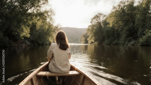 Woman in a boat on a river surrounded by lush green trees and sunlight.