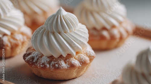 Delightful miniature tarts topped with swirls of creamy vanilla frosting