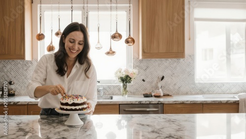 Woman Smiling While Cutting Cake in Modern Kitchen.