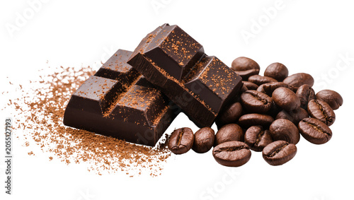 Foto Isolated dark chocolate squares with cocoa powder and roasted coffee beans for a