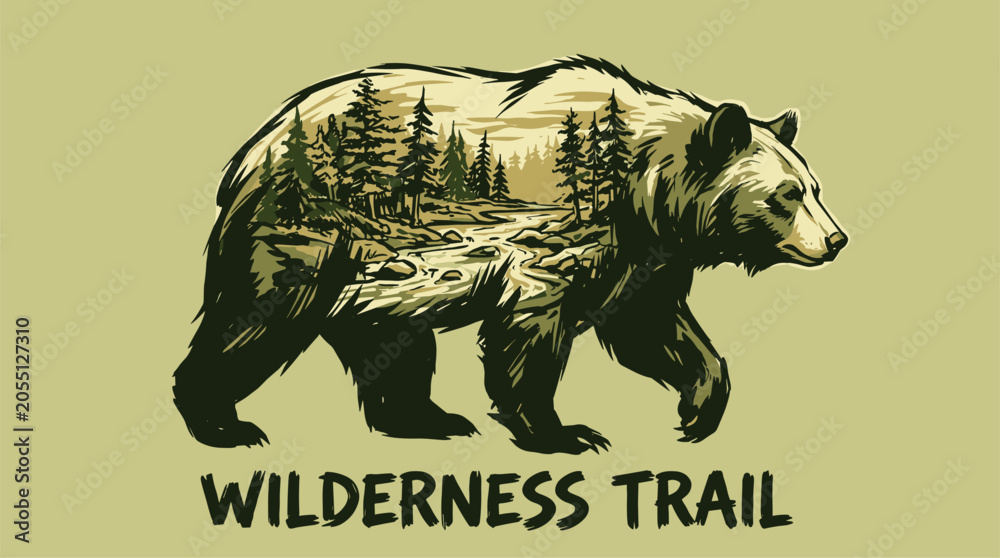 Fototapeta premium Wilderness trail. Mountain adventure vintage print design for t shirt. Explore more. Bear forest landscape artwork.