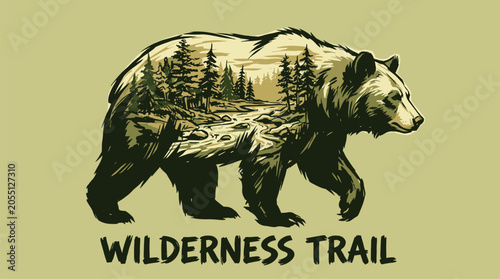 Wilderness trail. Mountain adventure vintage print design for t shirt. Explore more. Bear forest landscape artwork.
