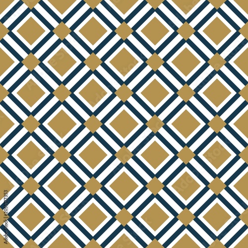 ​Gold, navy blue, and white geometric argyle seamless pattern. Abstract gingham plaid background with diagonal check squares.