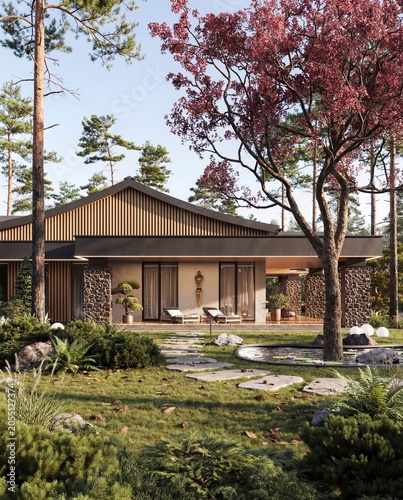 Fotografie Contemporary bungalow exterior with warm wood facade and autumn landscape