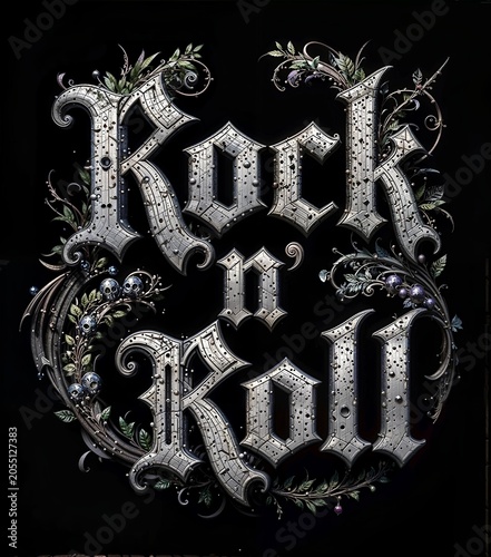 3D Ornate Metallic Rock n Roll Typography with Floral and Skull Accents on Black Background