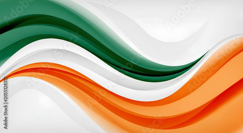 Vibrant green, orange, and white wavy lines on a smooth background surface