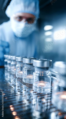 Sterile glass vials lined up in a modern laboratory environment, ready for pharmaceutical use. A scientist in protective clothing works in the background, ensuring safety and precision
