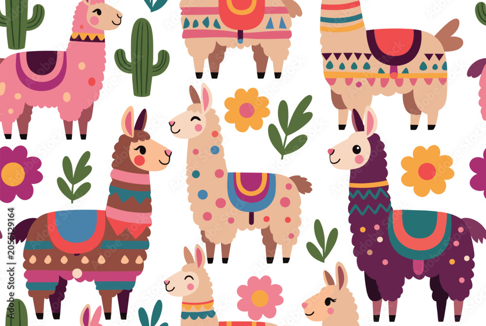 Naklejka premium Seamless pattern design featuring cute llamas decorated with colorful saddles and blankets amidst desert cacti and bright flowers.