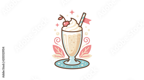 Foto Retro Style Vanilla Milkshake with Cherry and Whipped Cream Illustration