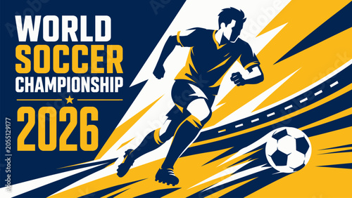 Graphic illustration for world soccer championship 2026 showing running player.
