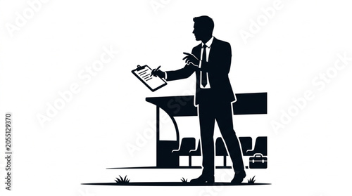 Football coach silhouette pointing and holding clipboard on soccer field background vector illustration