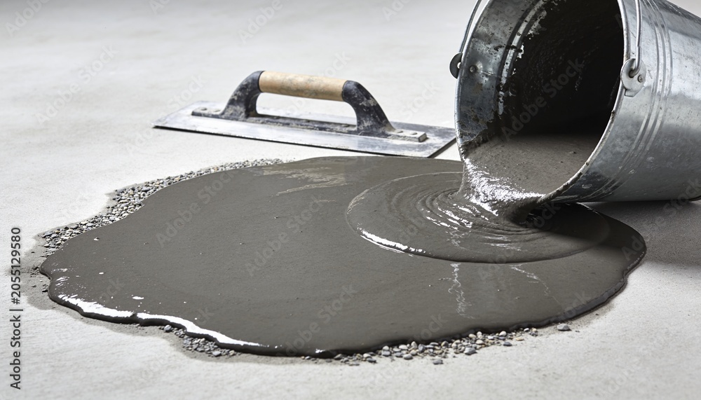 Fototapeta premium A spilled bucket of gray concrete on a smooth surface. The bucket is metallic with a wooden handle. The concrete is wet and glossy, creating a puddle.