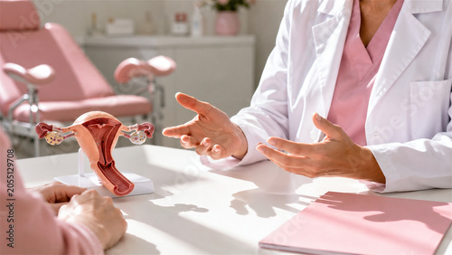 woman gynecologist consulting patient while showing female reproductive system anatomy model. Medical healthcare appointment in clinic. Professional consultation about woman health and fertility