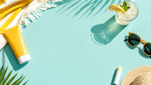 summer beach accessories with sunscreen on blue background. Top view of sunglasses, beach towel, straw hat, and cold drink. Travel, leisure, and vacation planning concept at seaside