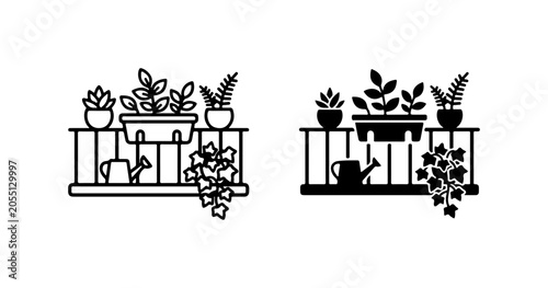 Balcony Garden Icons, Potted Plants, Watering Can, Vector Elements