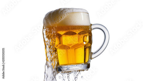 Fényképezés Isolated beer mug overflowing with golden foamy lager and refreshing splashes, d
