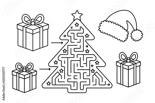 Christmas tree maze puzzle with gifts and santa hat outline illustration