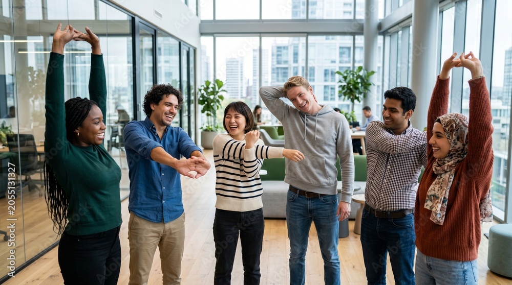 Obraz premium Diverse happy office workers doing physical stretching exercise breaks together for corporate wellness