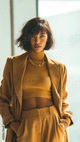 Confident young woman in stylish tan suit and gold chain necklace poses indoors with natural light highlighting her modern look. Urban fashion trends and chic elegance are showcased