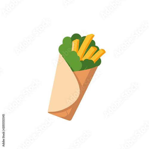 Wrap Sandwich Icon with French Fries and Lettuce, Isolated Vector Illustration for Food Menu or Fast Casual Restaurant Design