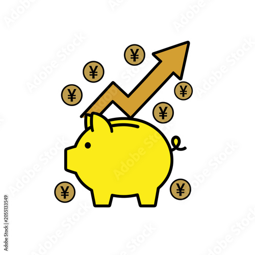 Yellow Piggy Bank with Upward Arrow and Yen Coins Vector Icon, Isolated Transparent Background for Finance Growth Illustration