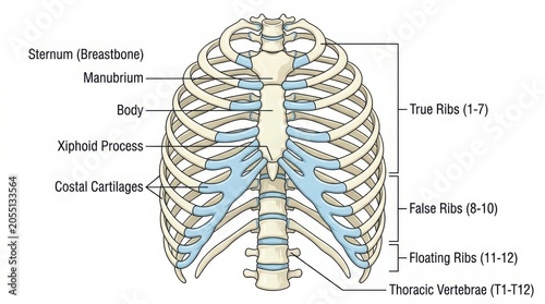 Anatomical diagram of the human rib cage and sternum illustration