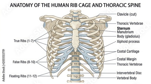 Anatomical diagram of human rib cage and thoracic spine illustration