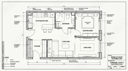 Photos Minimalist apartment furniture layout and electrical plan with smart home featur