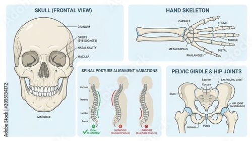 Human anatomy bone structure chart with skull hand and spine illustration
