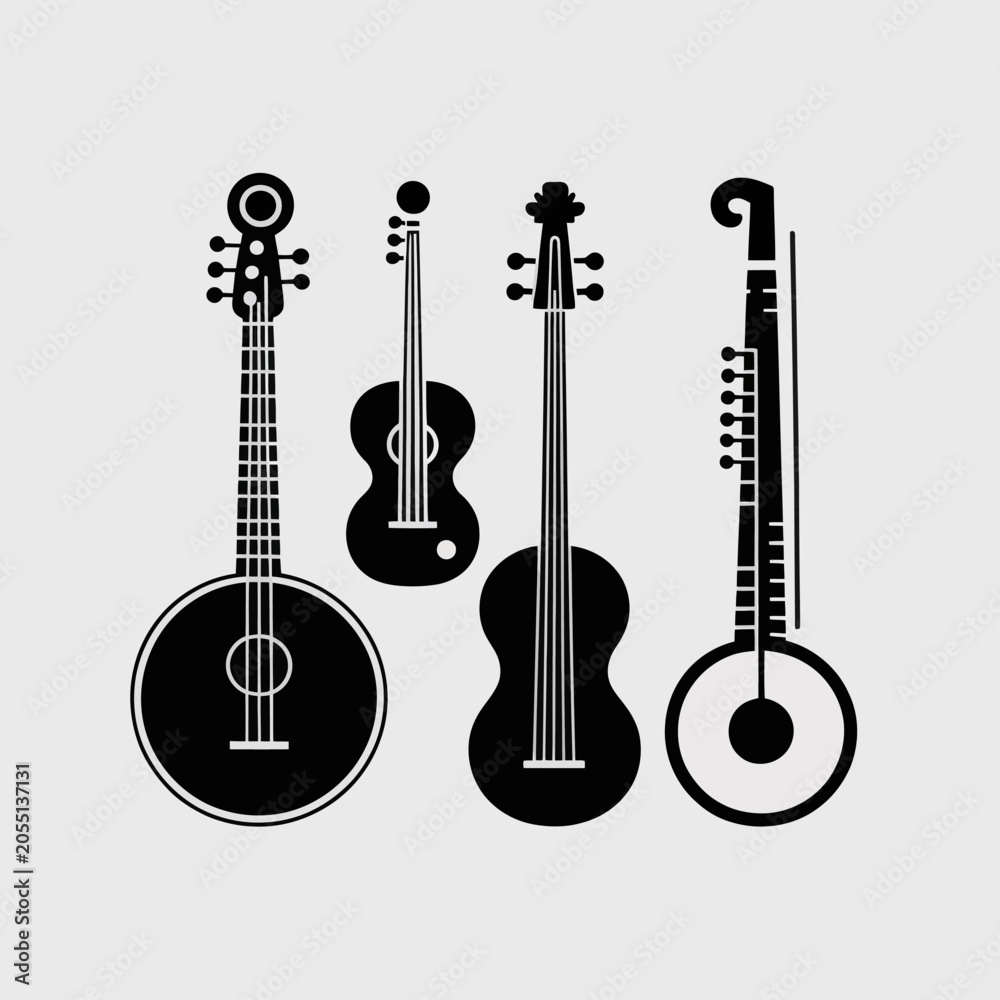 Naklejka premium Black silhouettes of four different string instruments