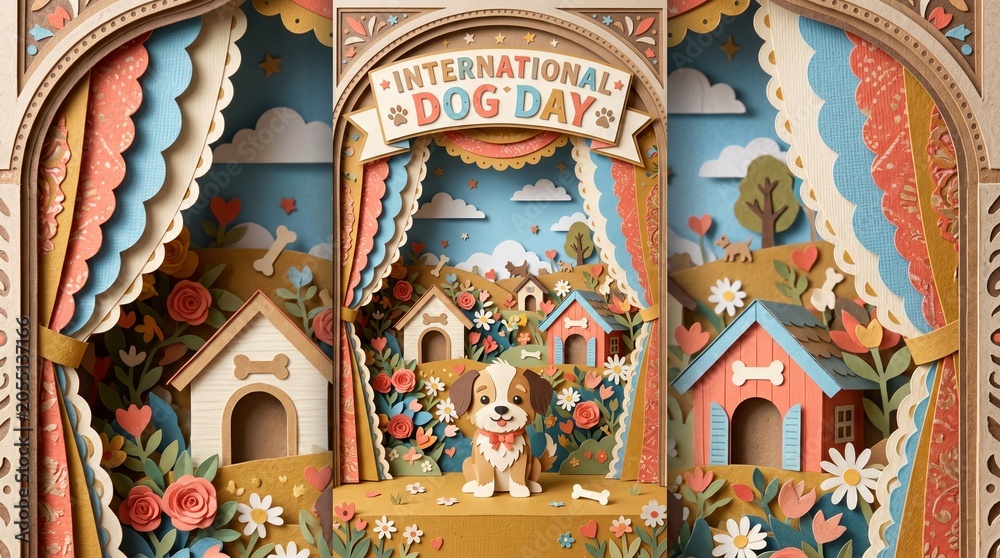 Fototapeta premium International Dog Day theater diorama wide banner with miniature dog village festival stage with decorative curtains
