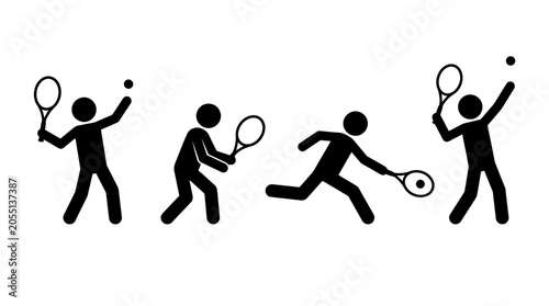 Four stick figures playing tennis with rackets and balls