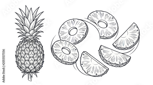 Bild auf Leinwand Pineapple whole fruit and sliced rings in hand drawn engraving style