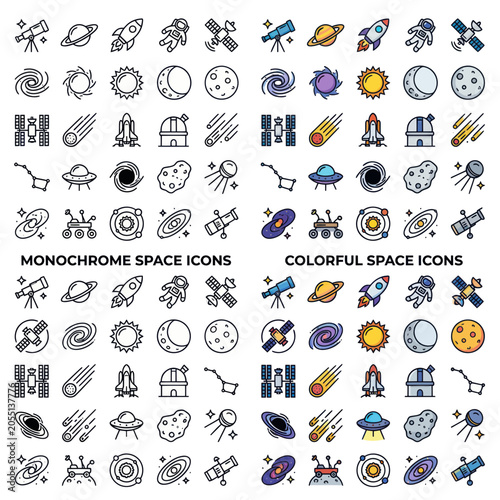 Obraz na płótnie Astronomy and space exploration linear icon set in color and outline