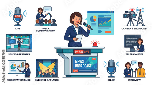 Konstfotografi News anchor presenting live broadcast with media equipment icons