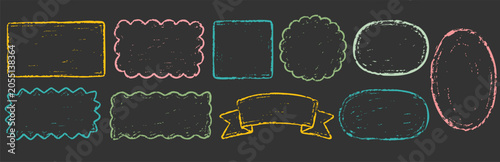 Set of handdrawn chalk frames and banners on a dark chalkboard background
