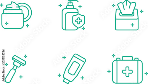 Green Line Art Personal Care and First Aid Icon Set with Hygiene Products on White Background