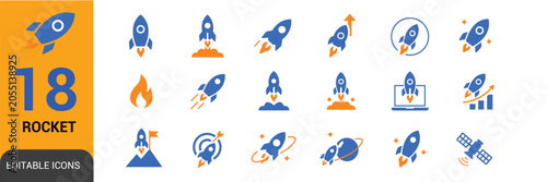 Rocket launch and startup growth icon set featuring takeoff, innovation, business expansion, progress tracking, orbit missions, analytics, and success concepts in editable vector style.