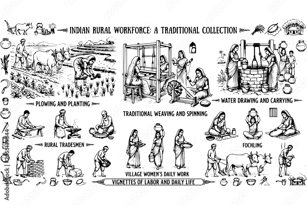 Obraz premium Traditional Indian People Daily Life Illustration Collection