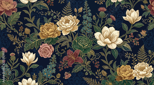 Vintage floral seamless pattern with colorful botanical illustrations on a dark blue background