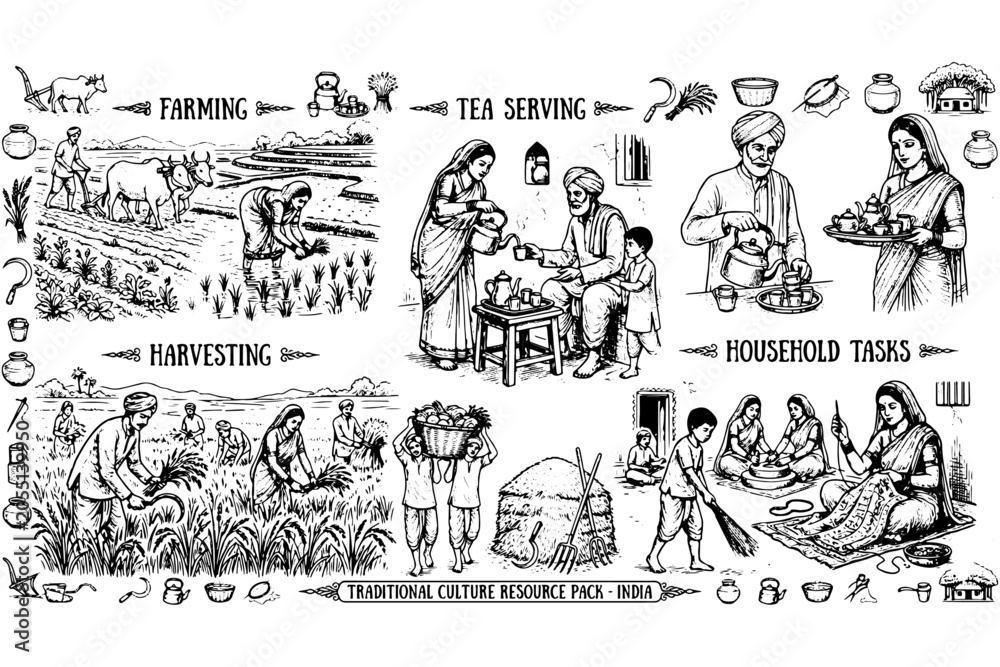 Fototapeta premium Countryside India Daily Life Line Art Design Set