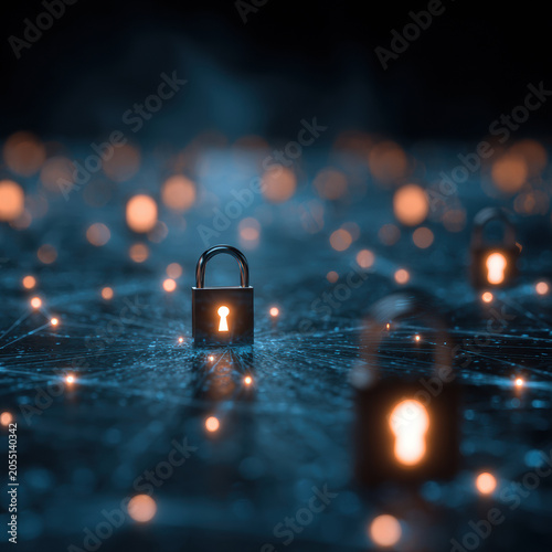 Secure data network with glowing lock on dark digital grid, symbol of privacy, cyber security, and encrypted connection