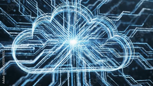 Digital cloud icon with glowing lines and circuits, illustrating data flow and connectivity in a futuristic technology environment with dark background
