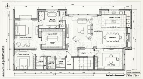 Bild auf Leinwand Architectural floor plan of a luxury apartment with master bedroom and home offi