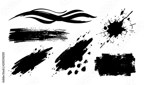 Black Ink Splatter and Brush Stroke Vector Elements, Grunge Textures for Artistic Design