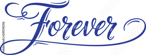 Φωτογραφία The word 'Forever' in an ornate blue calligraphic script with elaborate swashes, flourishes, and rough brush texture, presented on a framed white box